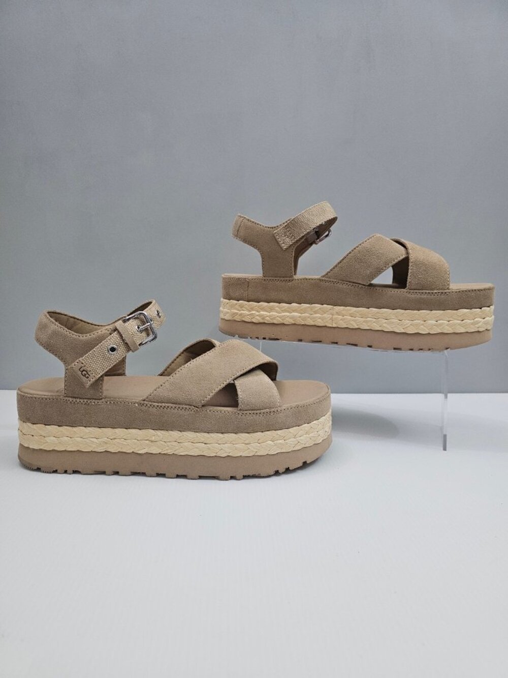 UGG Aubrey Raffia Platform Sandals Womens 11 Beige Sand Suede Ankle Strap NEW - Picture 3 of 16